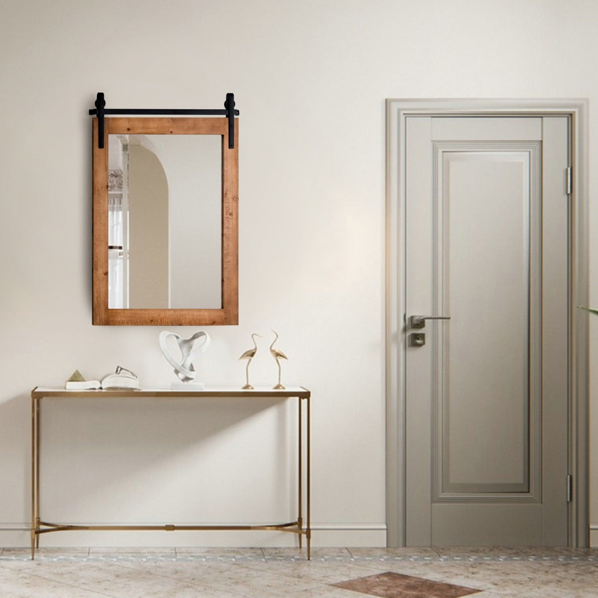 Costway Farmhouse Wall Mirror with Solid Wood Frame and Metal Bracket-Brown