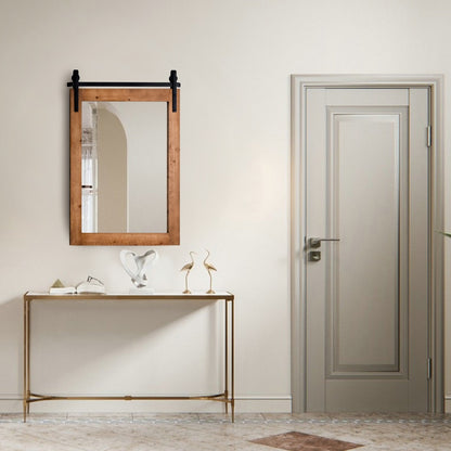 Costway Farmhouse Wall Mirror with Solid Wood Frame and Metal Bracket-Brown
