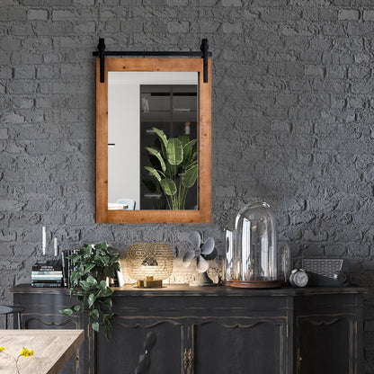 Costway Farmhouse Wall Mirror with Solid Wood Frame and Metal Bracket-Brown