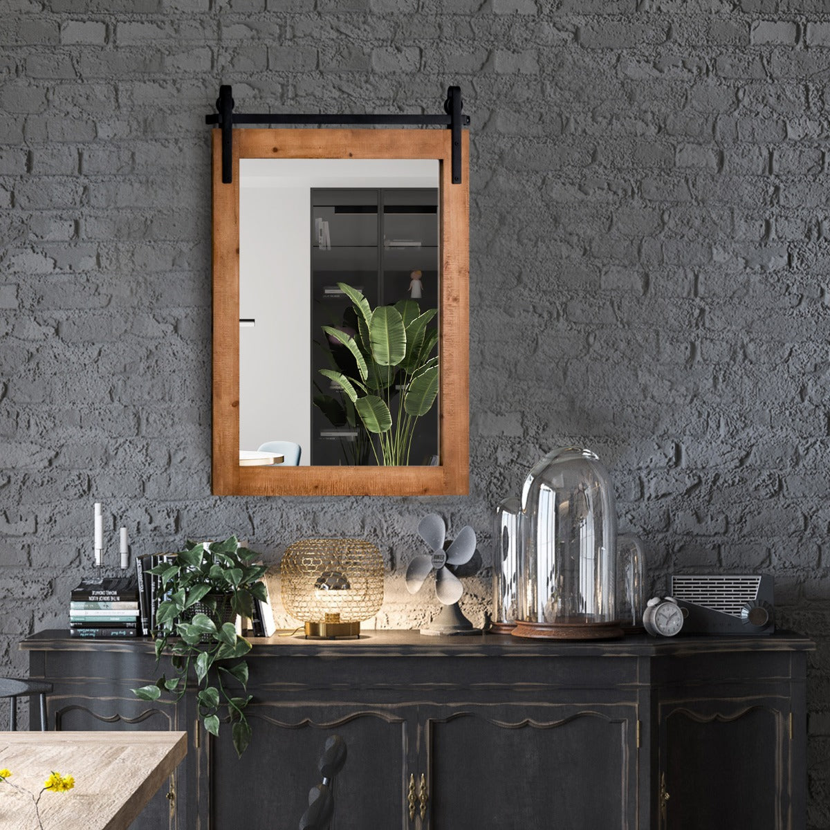 Rustic Farmhouse Wall Mirror with Solid Wood Frame and Metal Bracket, 76.5cm