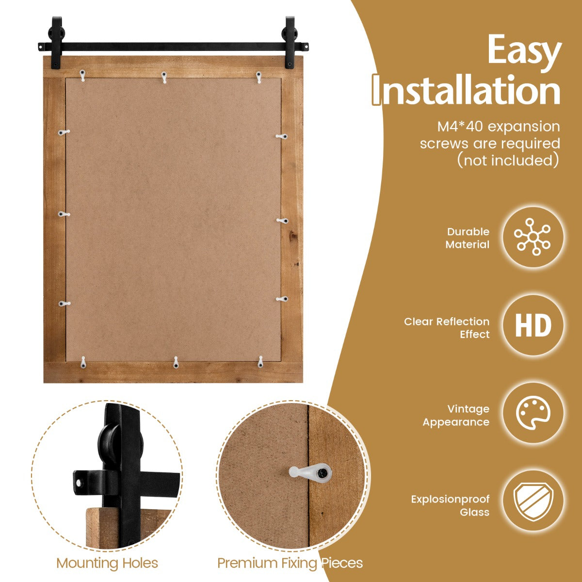 Rustic Farmhouse Wall Mirror with Solid Wood Frame and Metal Bracket, 76.5cm