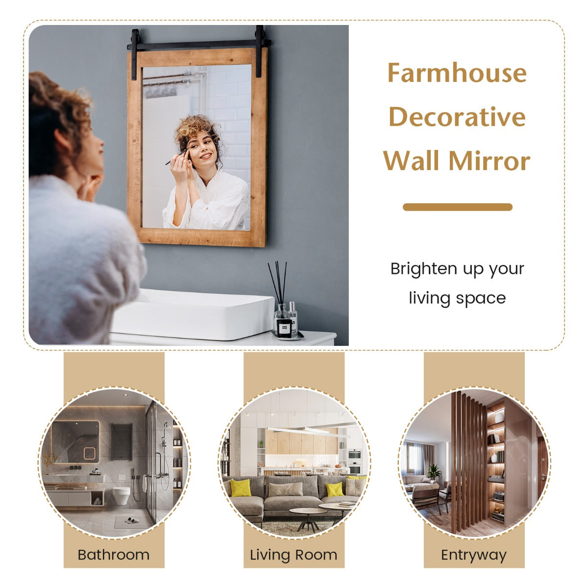 Rustic Farmhouse Wall Mirror with Solid Wood Frame and Metal Bracket, 76.5cm
