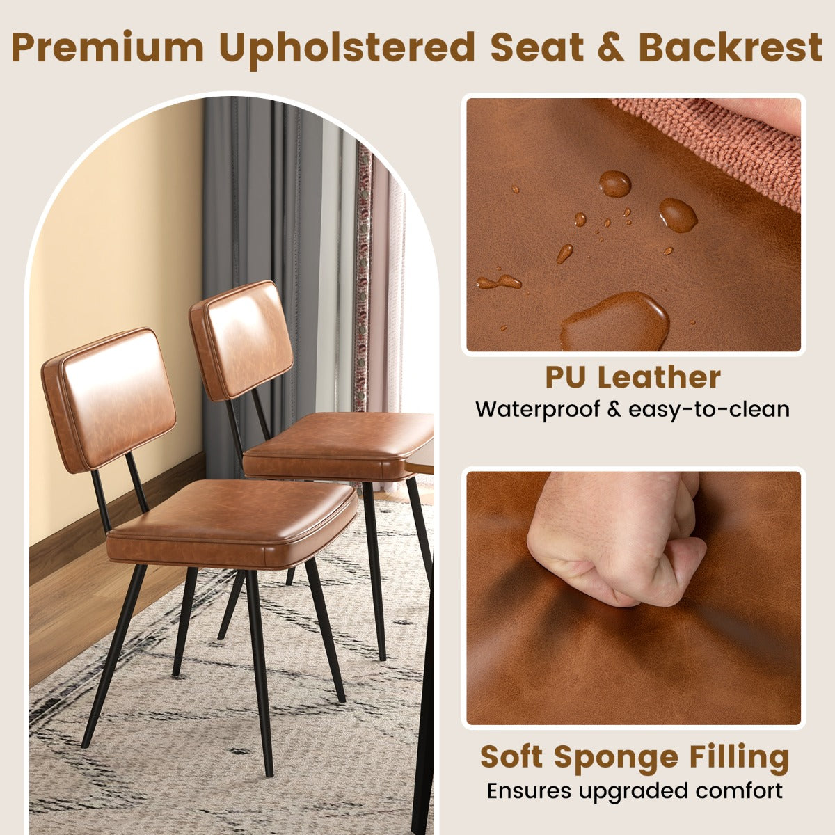 Faux Leather Upholstered Dining Chair with Padded Backrest Set of 2-Brown