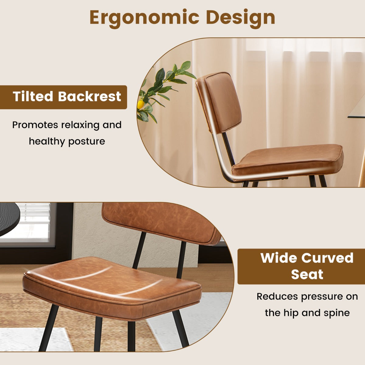 Faux Leather Upholstered Dining Chair with Padded Backrest Set of 2-Brown