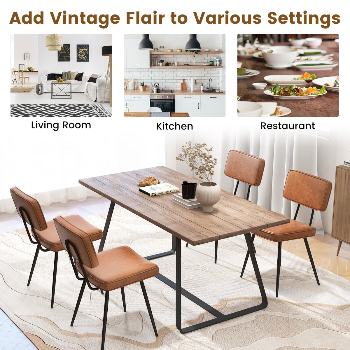 Faux Leather Upholstered Dining Chair with Padded Backrest Set of 2-Brown