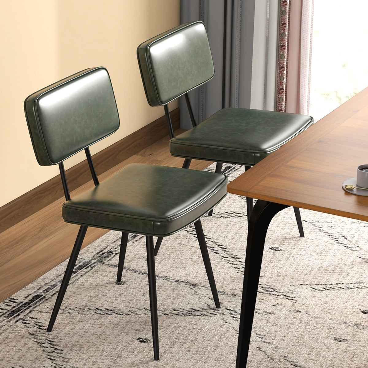 Faux Leather Upholstered Dining Chair with Padded Backrest Set of 2-Dark Green