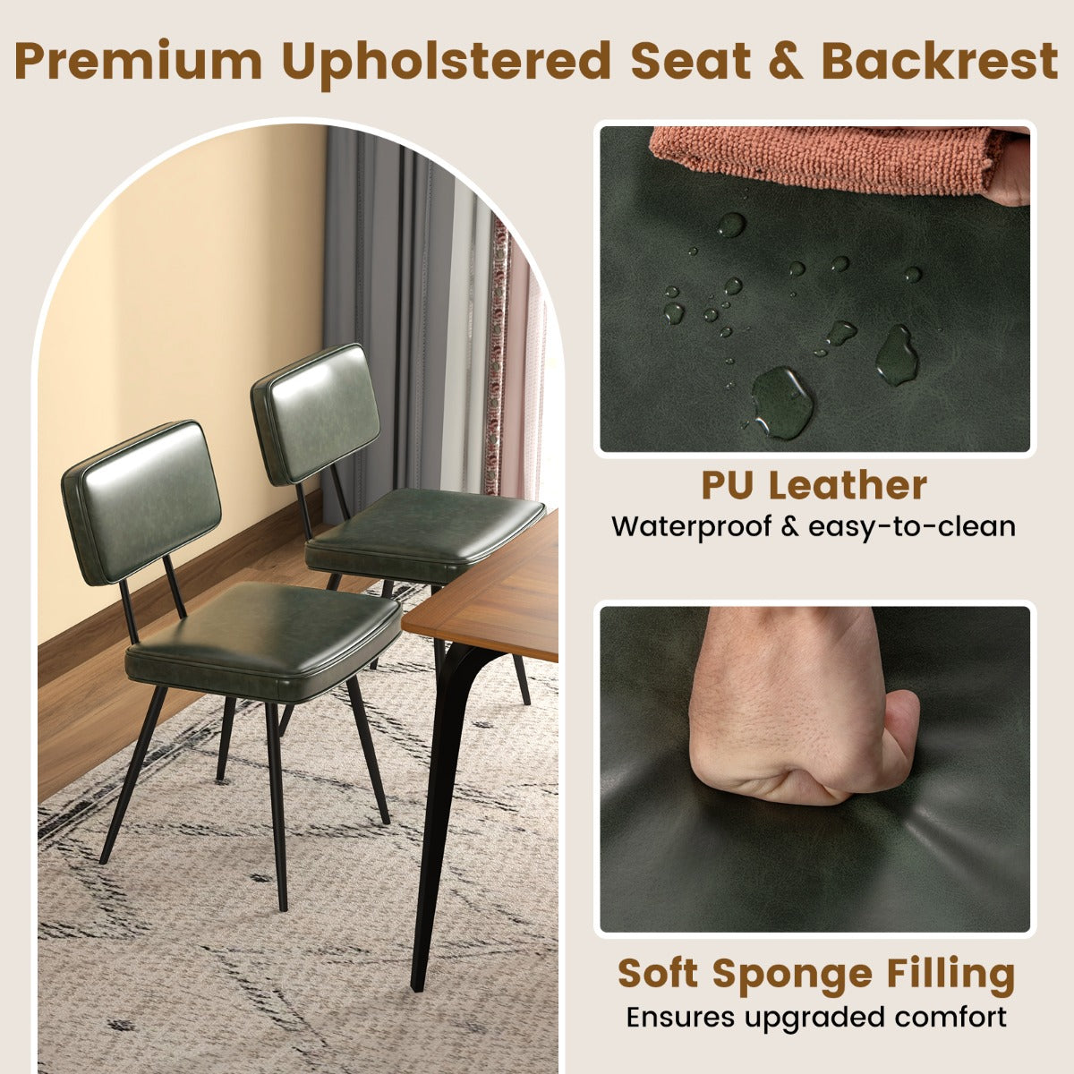Faux Leather Upholstered Dining Chair with Padded Backrest Set of 2-Dark Green