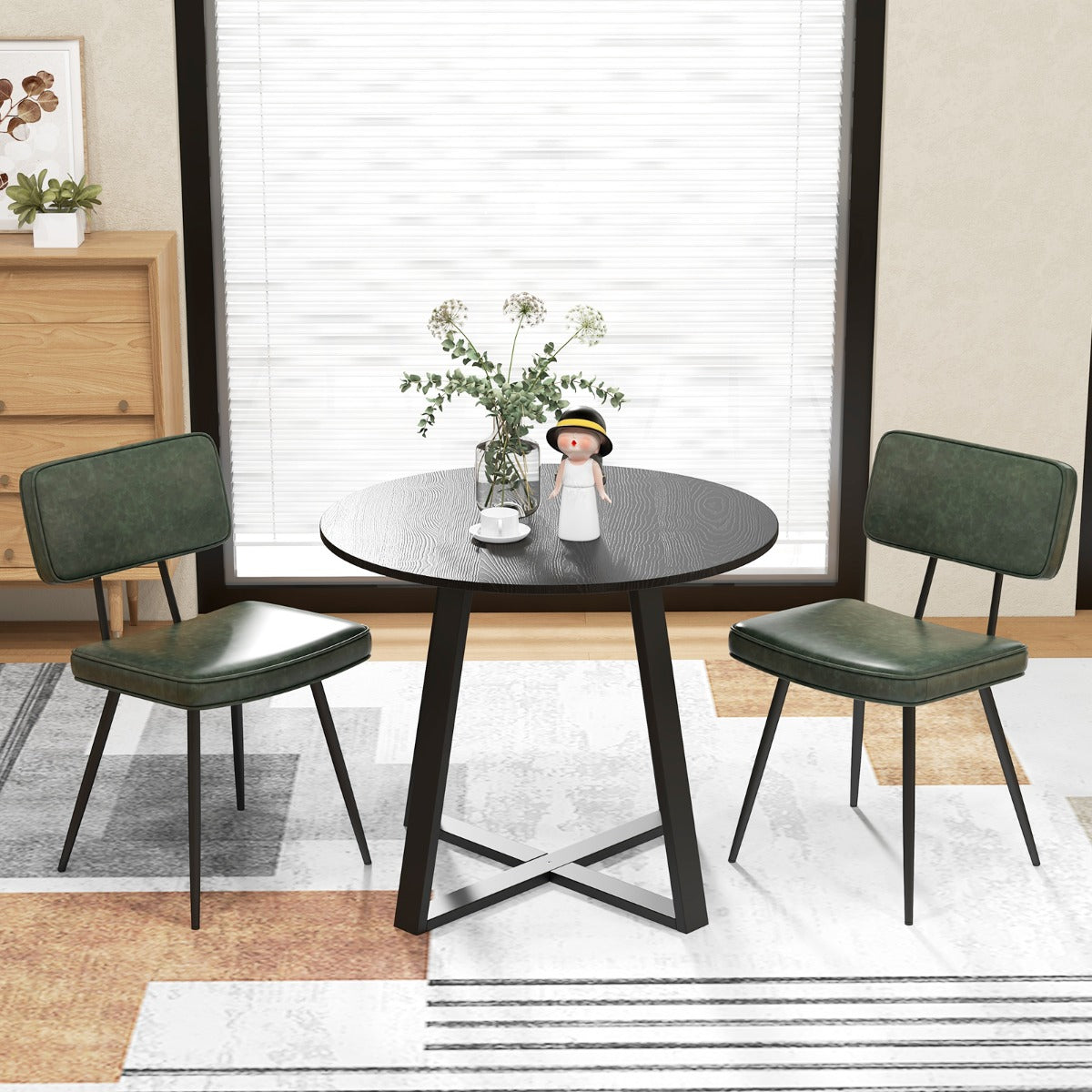 Faux Leather Upholstered Dining Chair with Padded Backrest Set of 2-Dark Green
