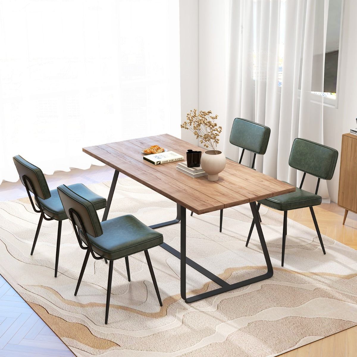 Faux Leather Upholstered Dining Chair with Padded Backrest Set of 2-Dark Green