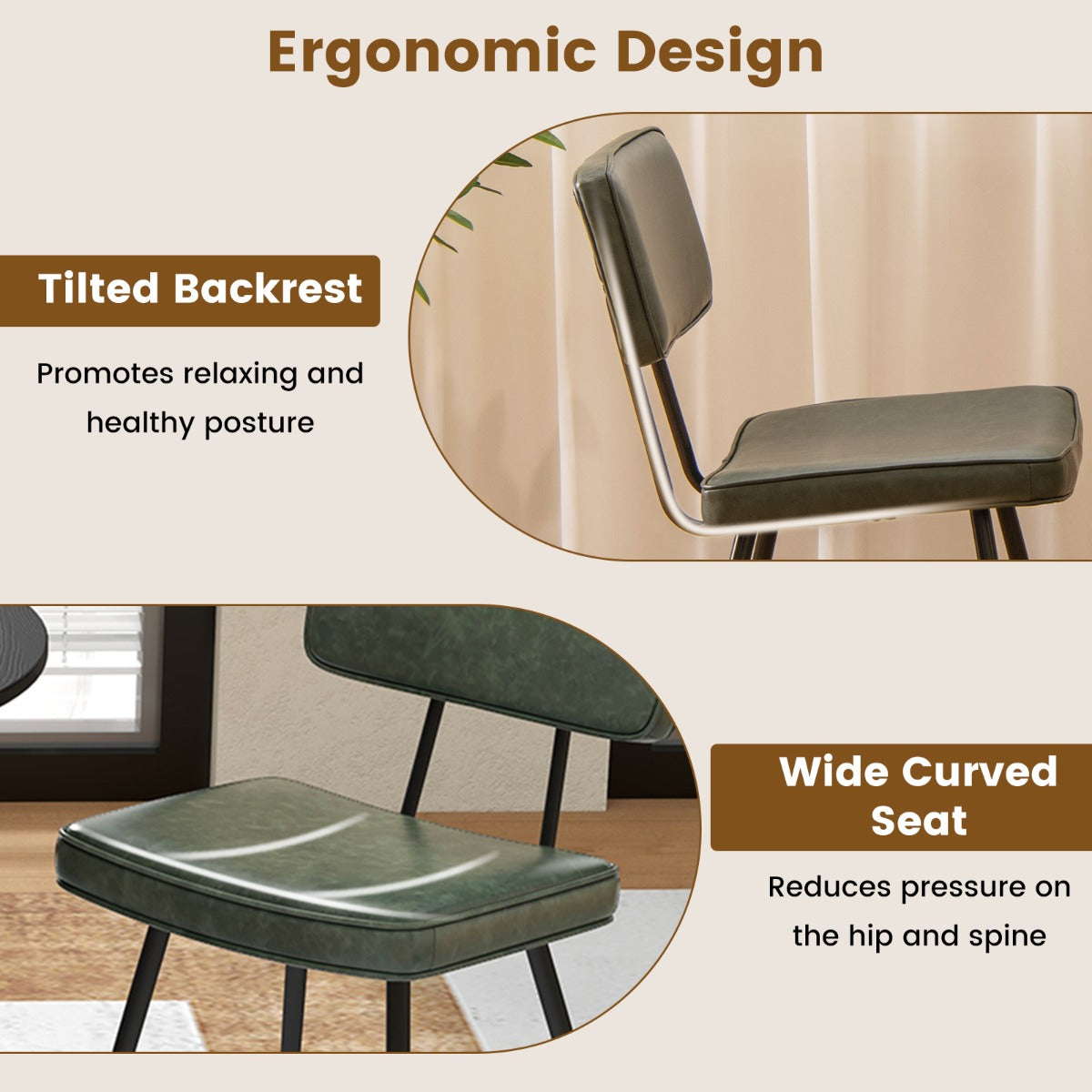 Faux Leather Upholstered Dining Chair with Padded Backrest Set of 2-Dark Green
