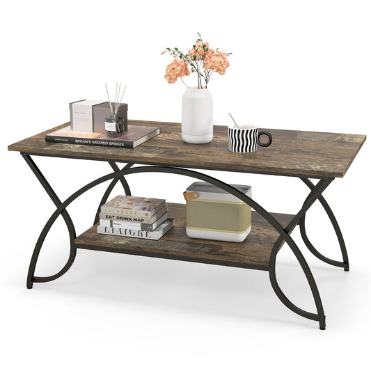 Costway 2-Tier Rectangular Modern Faux Marble Coffee Table with Metal Frame-Black