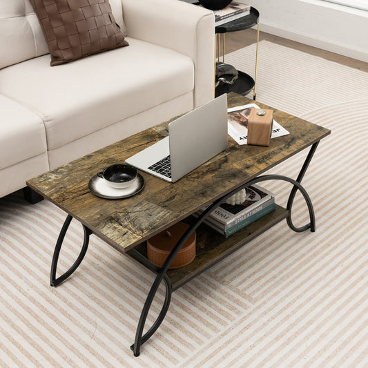 Costway 2-Tier Rectangular Modern Faux Marble Coffee Table with Metal Frame-Black