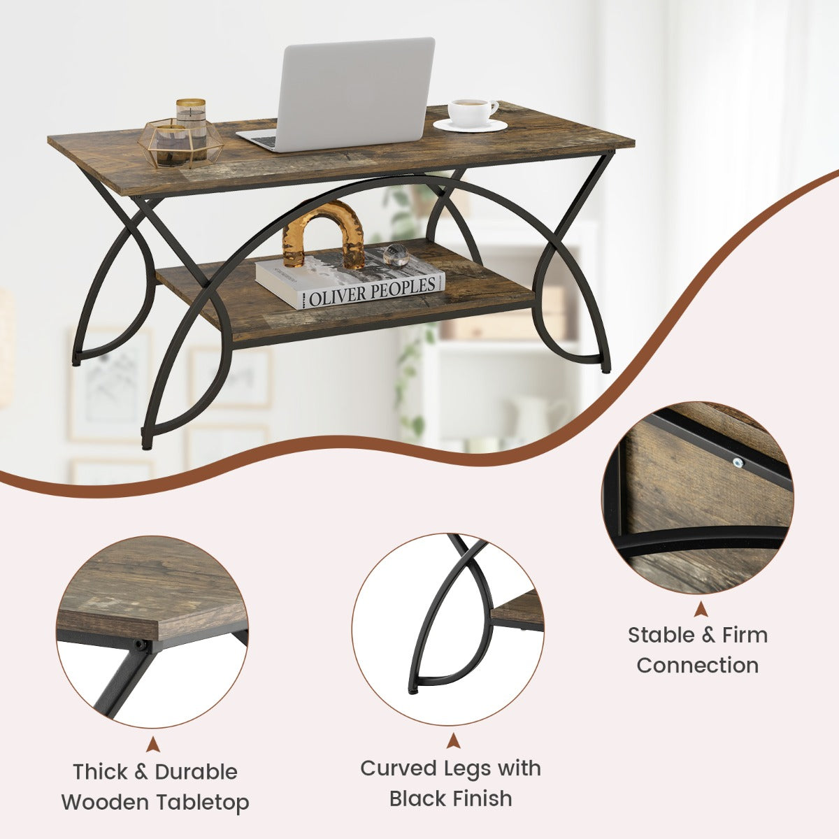 Costway 2-Tier Rectangular Modern Faux Marble Coffee Table with Metal Frame-Black