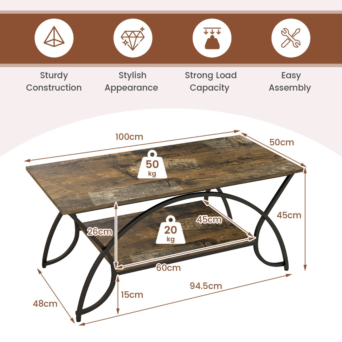 Costway 2-Tier Rectangular Modern Faux Marble Coffee Table with Metal Frame-Black