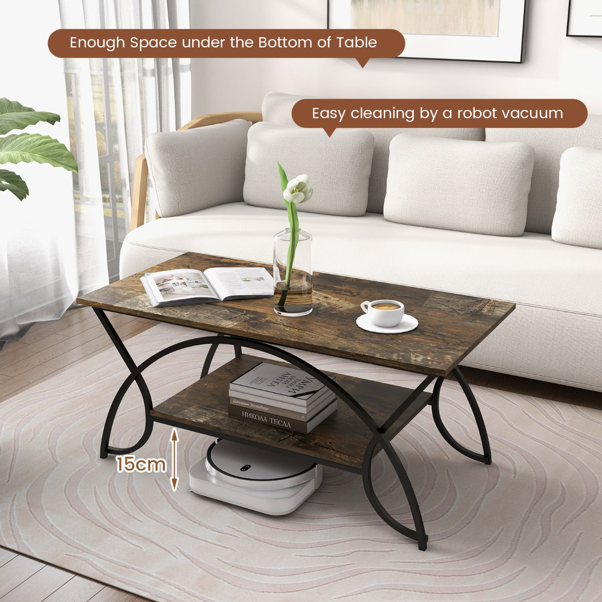 Costway 2-Tier Rectangular Modern Faux Marble Coffee Table with Metal Frame-Black