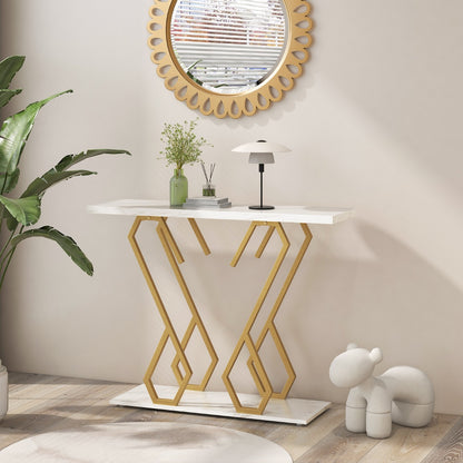 Faux Marble Console Table with Adjustable Foot Pads for Living Room-White