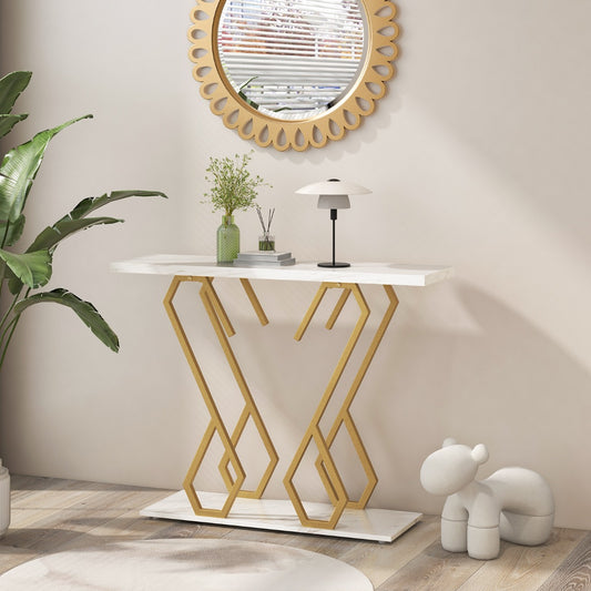 Faux Marble Console Table with Adjustable Foot Pads for Living Room-White