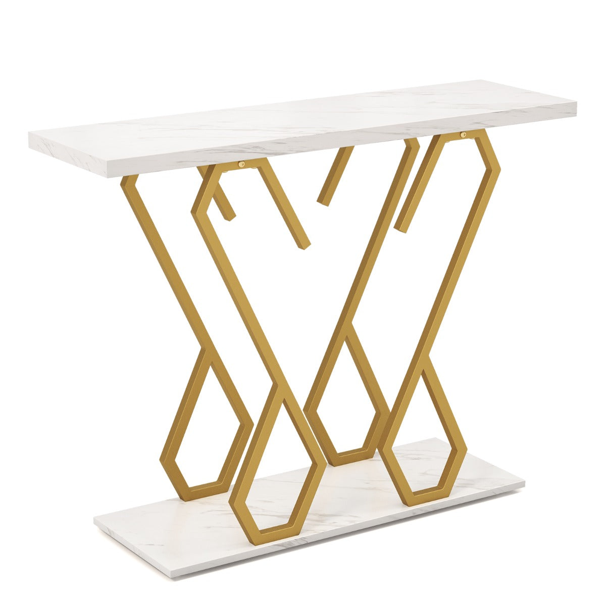 Faux Marble Console Table with Adjustable Foot Pads for Living Room-White