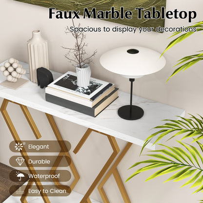 Faux Marble Console Table with Adjustable Foot Pads for Living Room-White