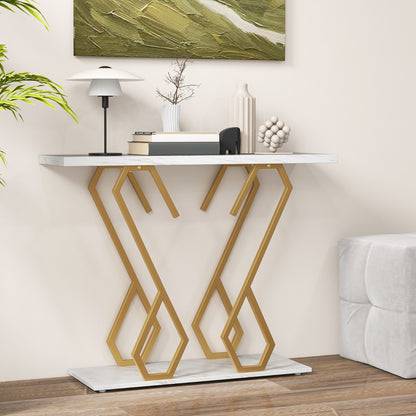 Faux Marble Console Table with Adjustable Foot Pads for Living Room-White