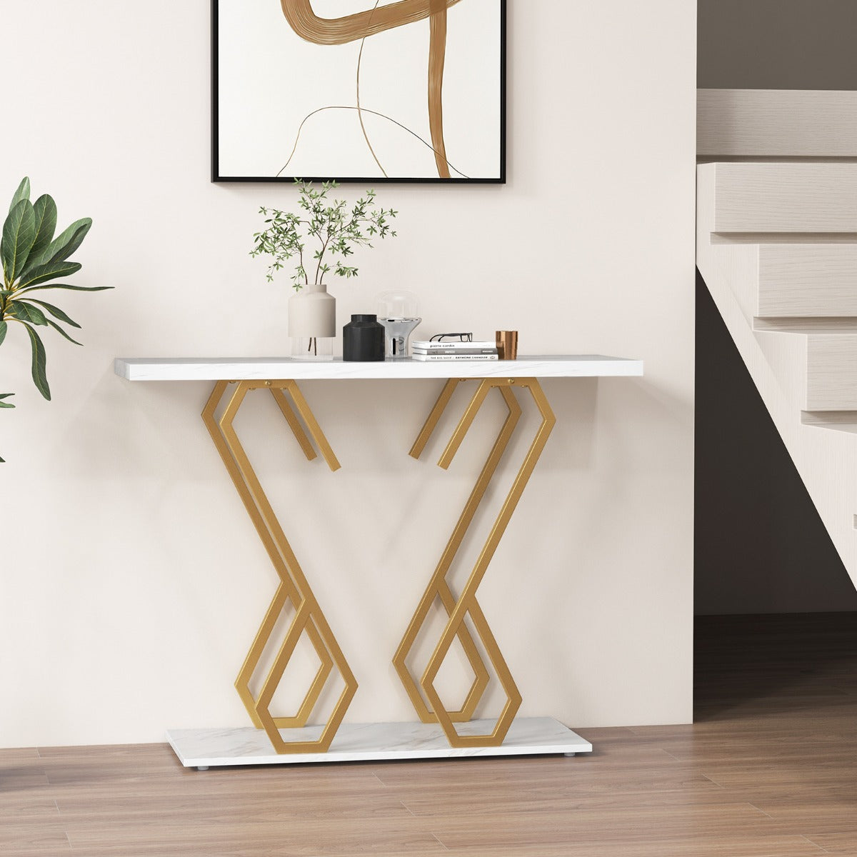 Faux Marble Console Table with Adjustable Foot Pads for Living Room-White