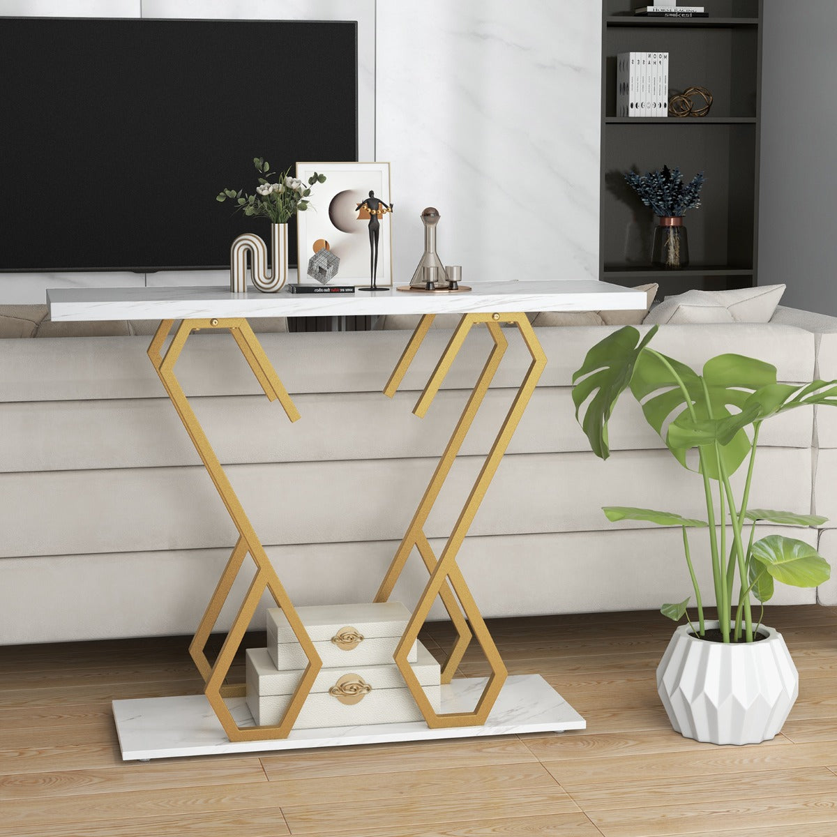 Faux Marble Console Table with Adjustable Foot Pads for Living Room-White