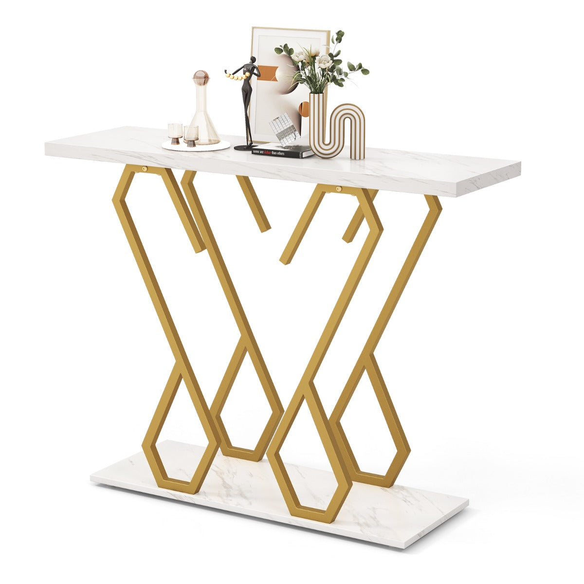 Faux Marble Console Table with Adjustable Foot Pads for Living Room-White