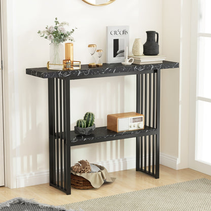 Faux Marble Sofa Table with Faux Marble Tabletop for Living Room-Black