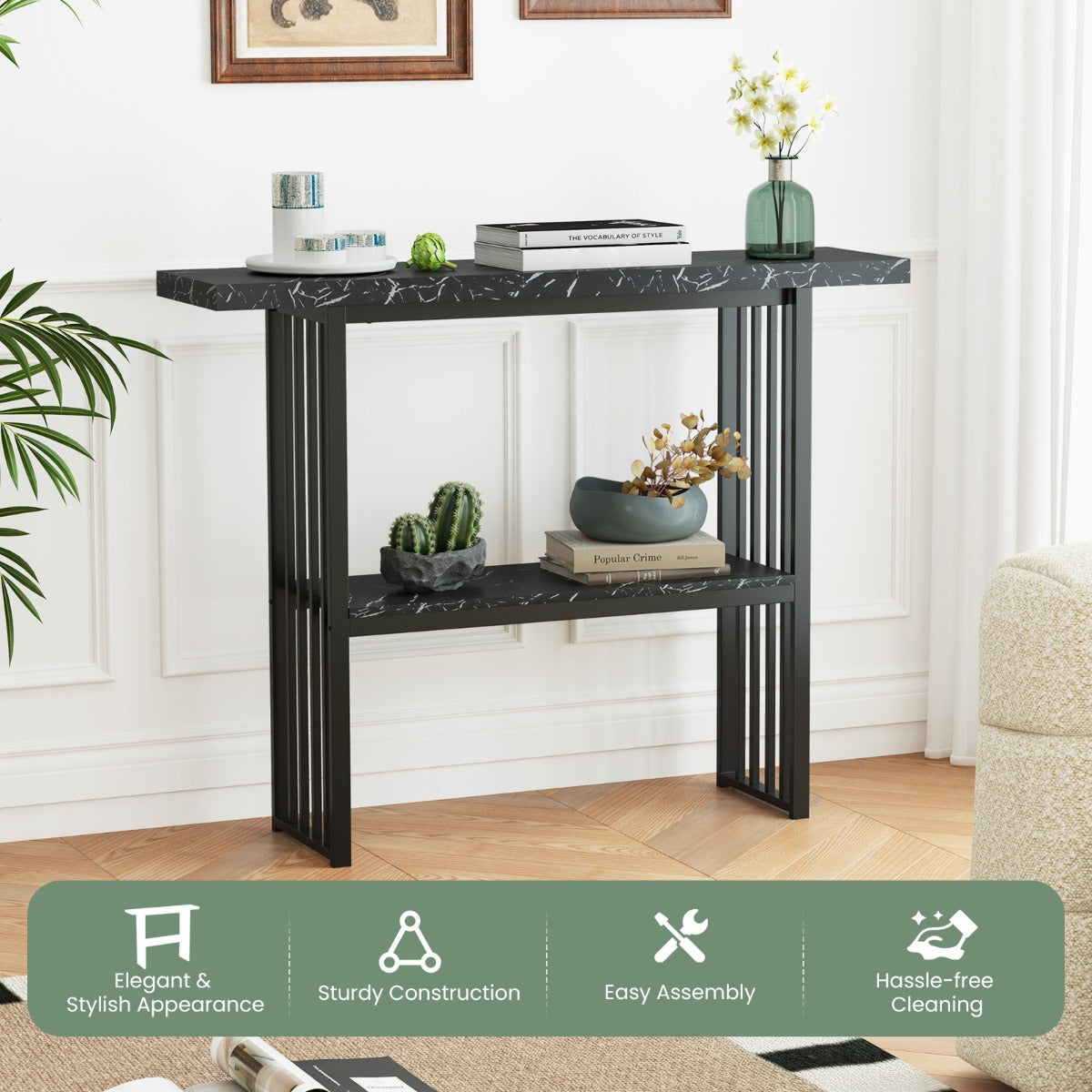 Faux Marble Sofa Table with Faux Marble Tabletop for Living Room-Black