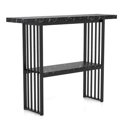 Faux Marble Sofa Table with Faux Marble Tabletop for Living Room-Black