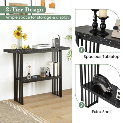 Faux Marble Sofa Table with Faux Marble Tabletop for Living Room-Black