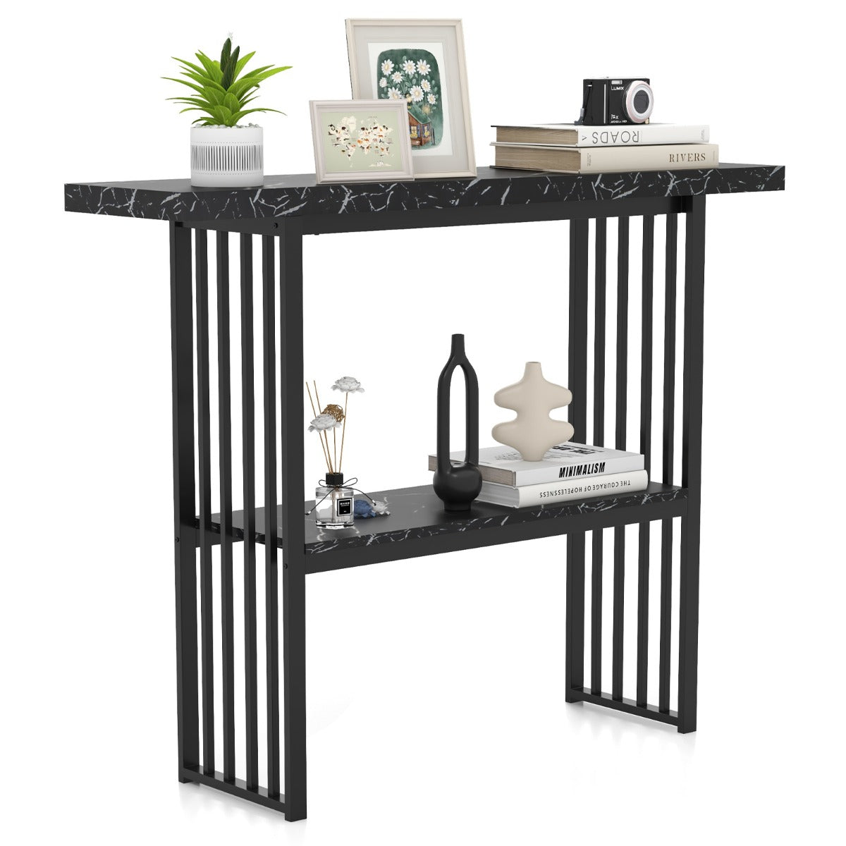 Faux Marble Sofa Table with Faux Marble Tabletop for Living Room-Black