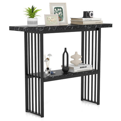 Faux Marble Sofa Table with Faux Marble Tabletop for Living Room-Black