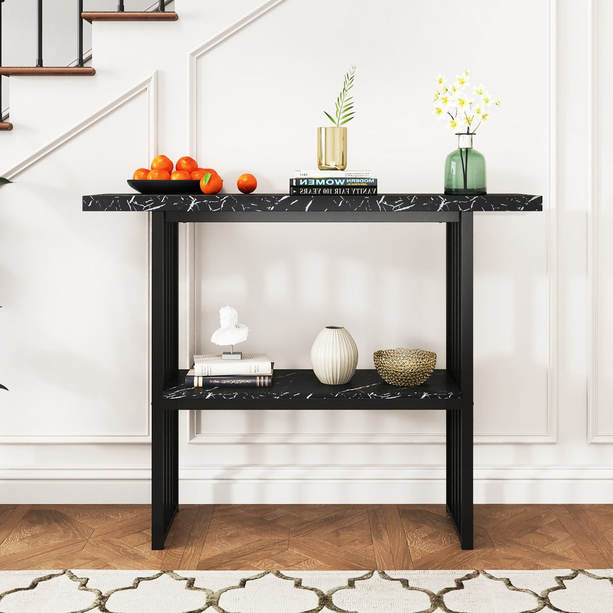 Faux Marble Sofa Table with Faux Marble Tabletop for Living Room-Black