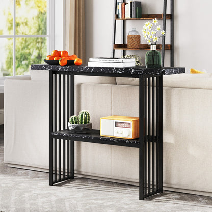 Faux Marble Sofa Table with Faux Marble Tabletop for Living Room-Black