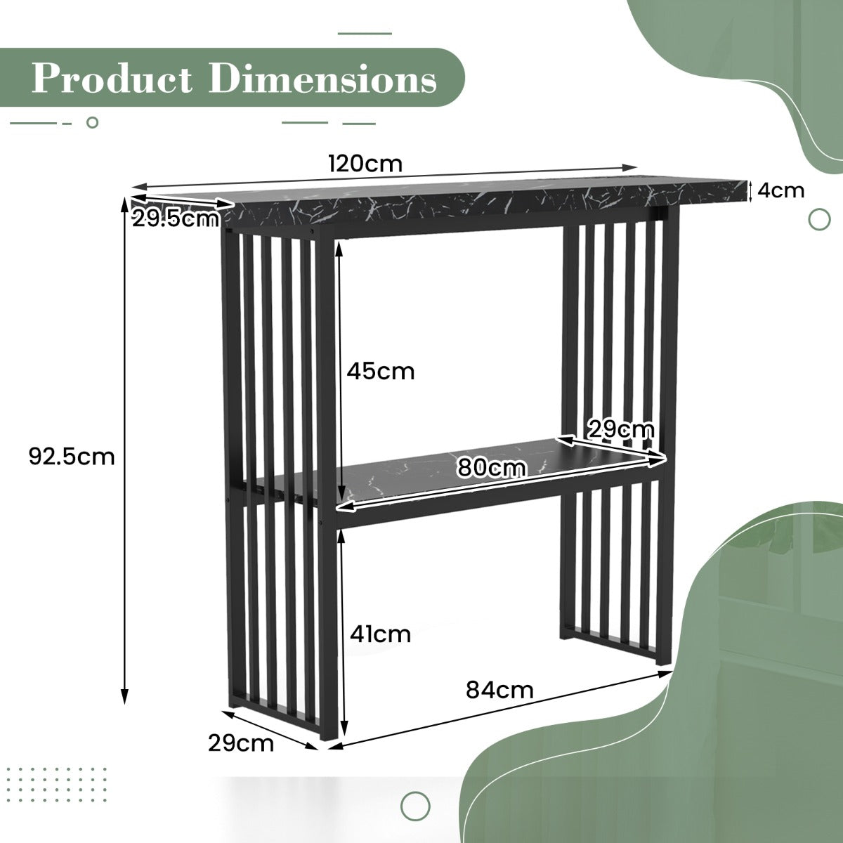 Faux Marble Sofa Table with Faux Marble Tabletop for Living Room-Black