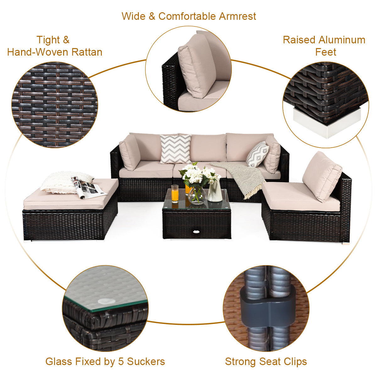Thick resilient sponge cushions and removable covers offer comfortable, easy-care seating