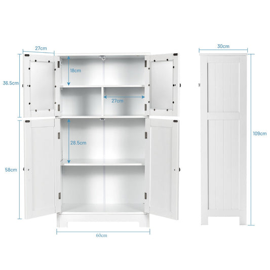White bathroom storage cabinet with five interior shelves and adjustable lower shelf compartments