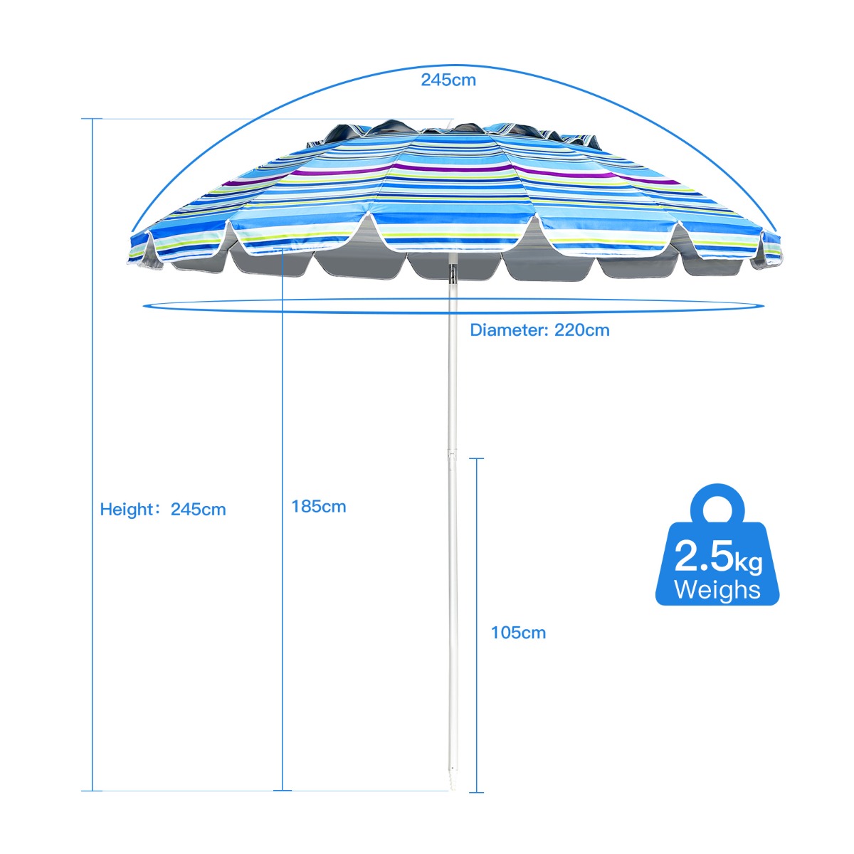 UPF 50 plus beach umbrella blocks harmful UVA and UVB rays while creating a spacious outdoor shade area