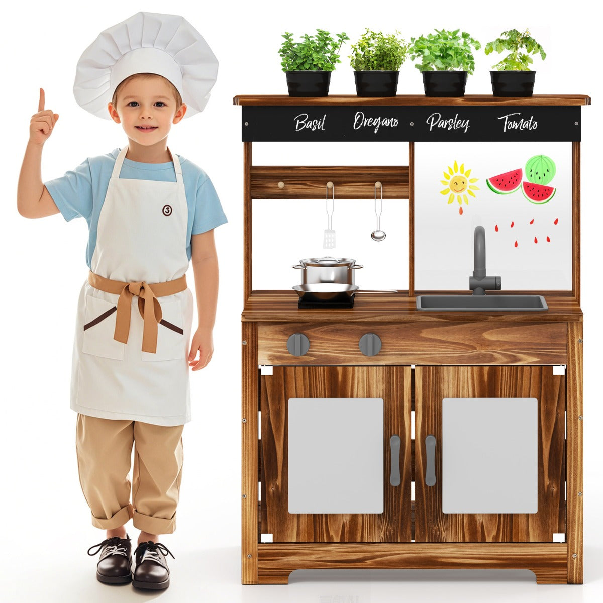 Outdoor Fir Wood Play Kitchen with Cooking Accessories and Removable Sink-Natural