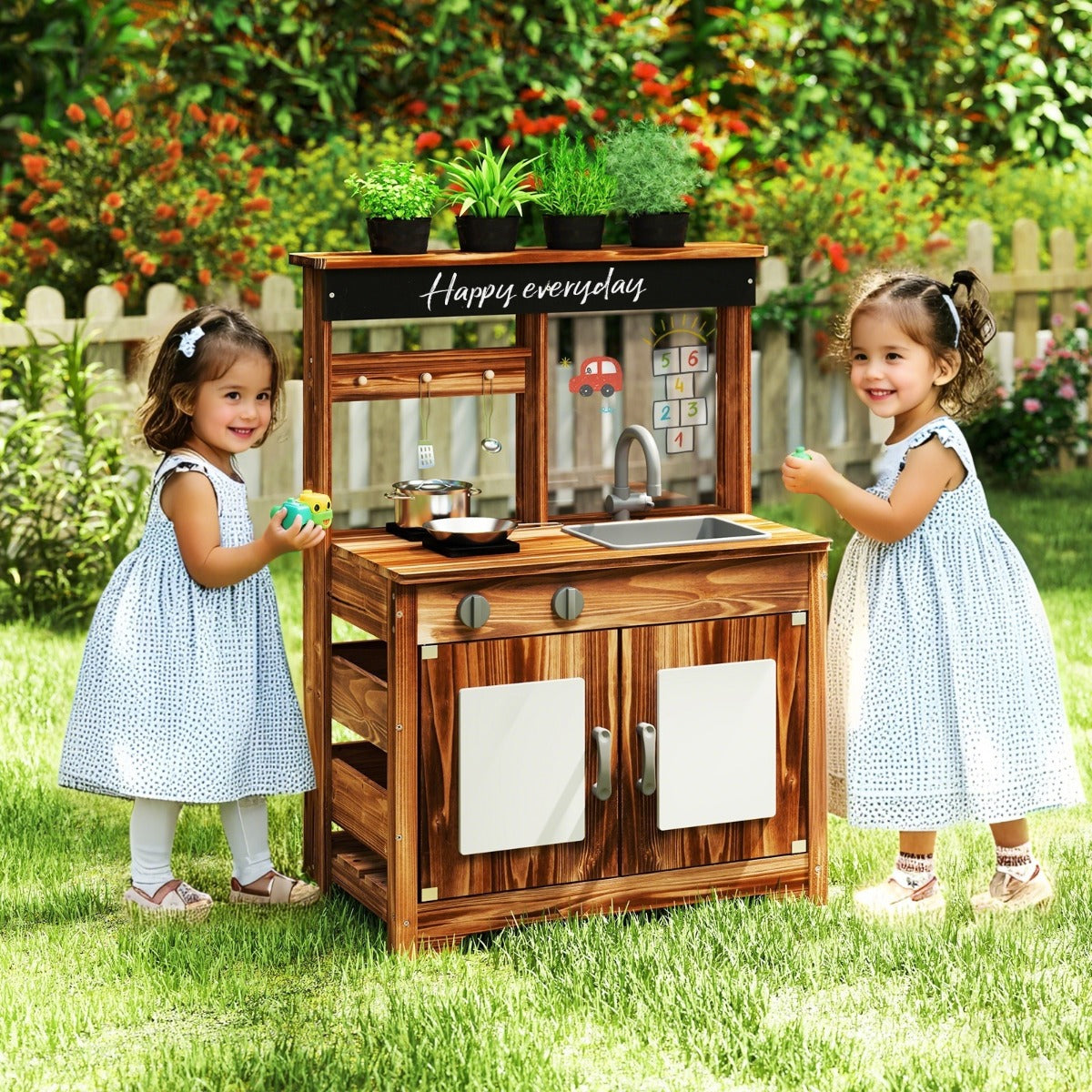 Outdoor Fir Wood Play Kitchen with Cooking Accessories and Removable Sink-Natural