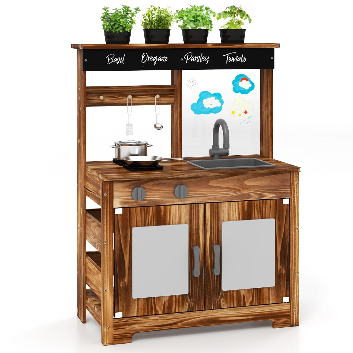 Outdoor Fir Wood Play Kitchen with Cooking Accessories and Removable Sink-Natural