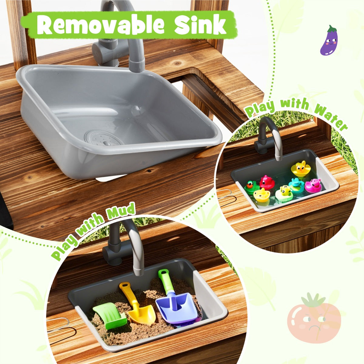 Outdoor Fir Wood Play Kitchen with Cooking Accessories and Removable Sink-Natural