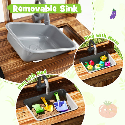 Outdoor Fir Wood Play Kitchen with Cooking Accessories and Removable Sink-Natural