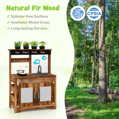 Outdoor Fir Wood Play Kitchen with Cooking Accessories and Removable Sink-Natural