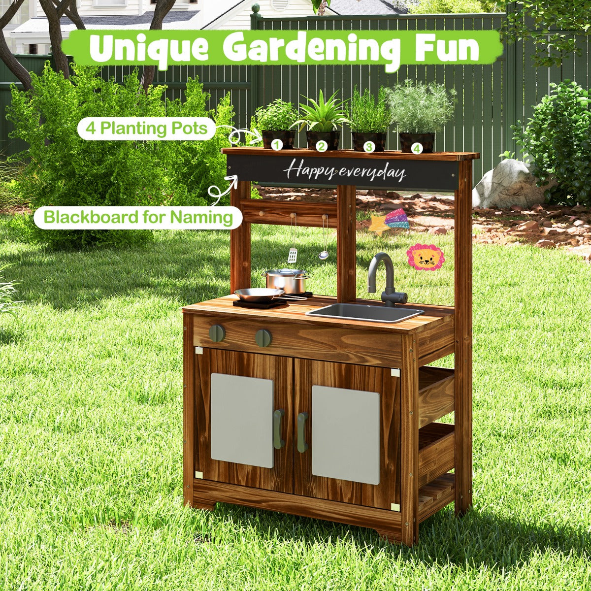 Outdoor Fir Wood Play Kitchen with Cooking Accessories and Removable Sink-Natural