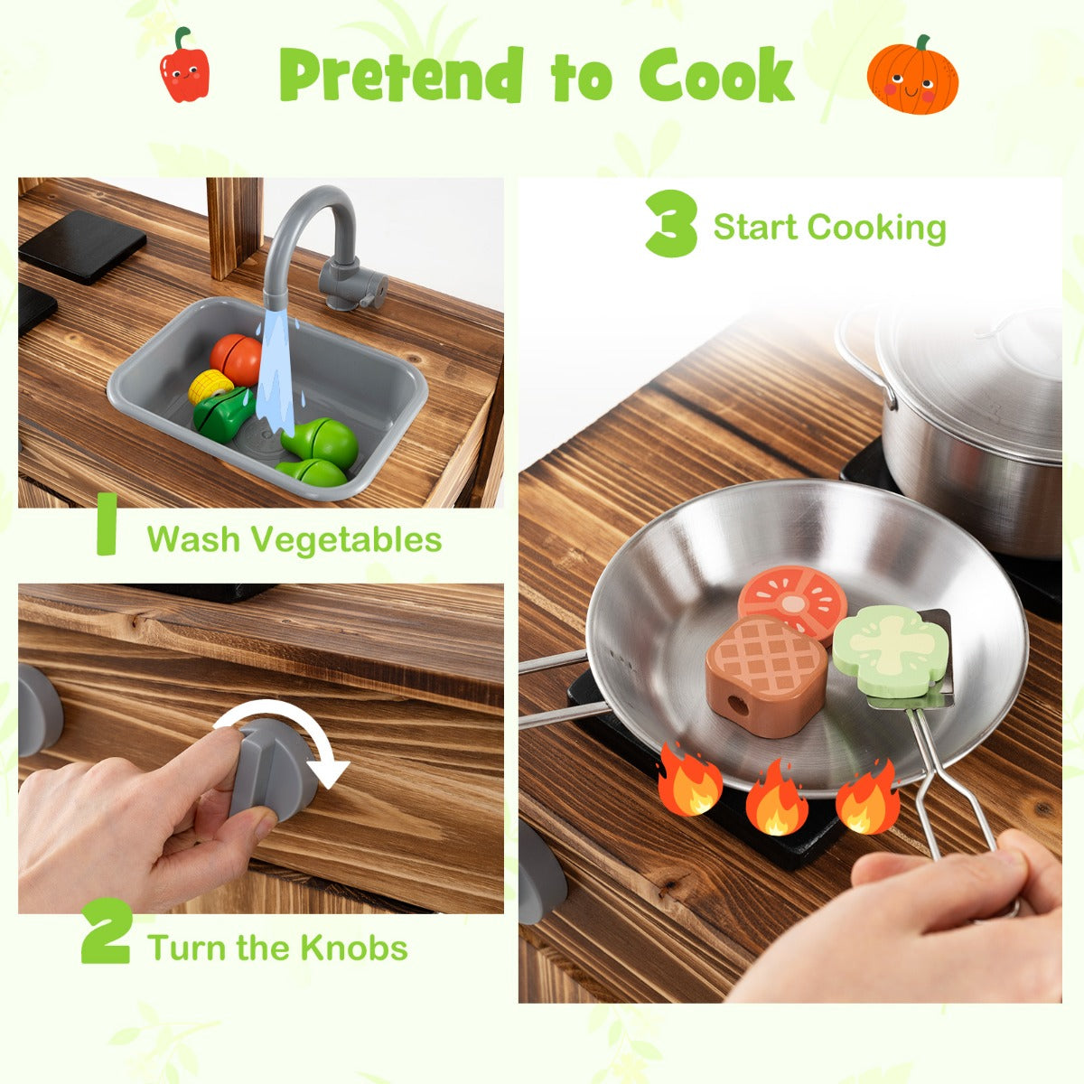 Outdoor Fir Wood Play Kitchen with Cooking Accessories and Removable Sink-Natural