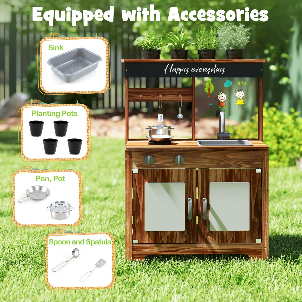Outdoor Fir Wood Play Kitchen with Cooking Accessories and Removable Sink-Natural