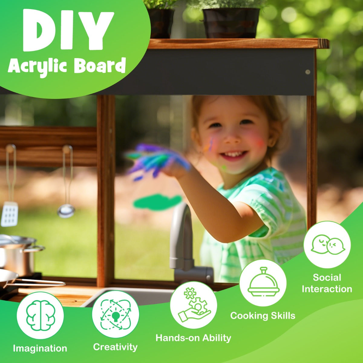 Outdoor Fir Wood Play Kitchen with Cooking Accessories and Removable Sink-Natural