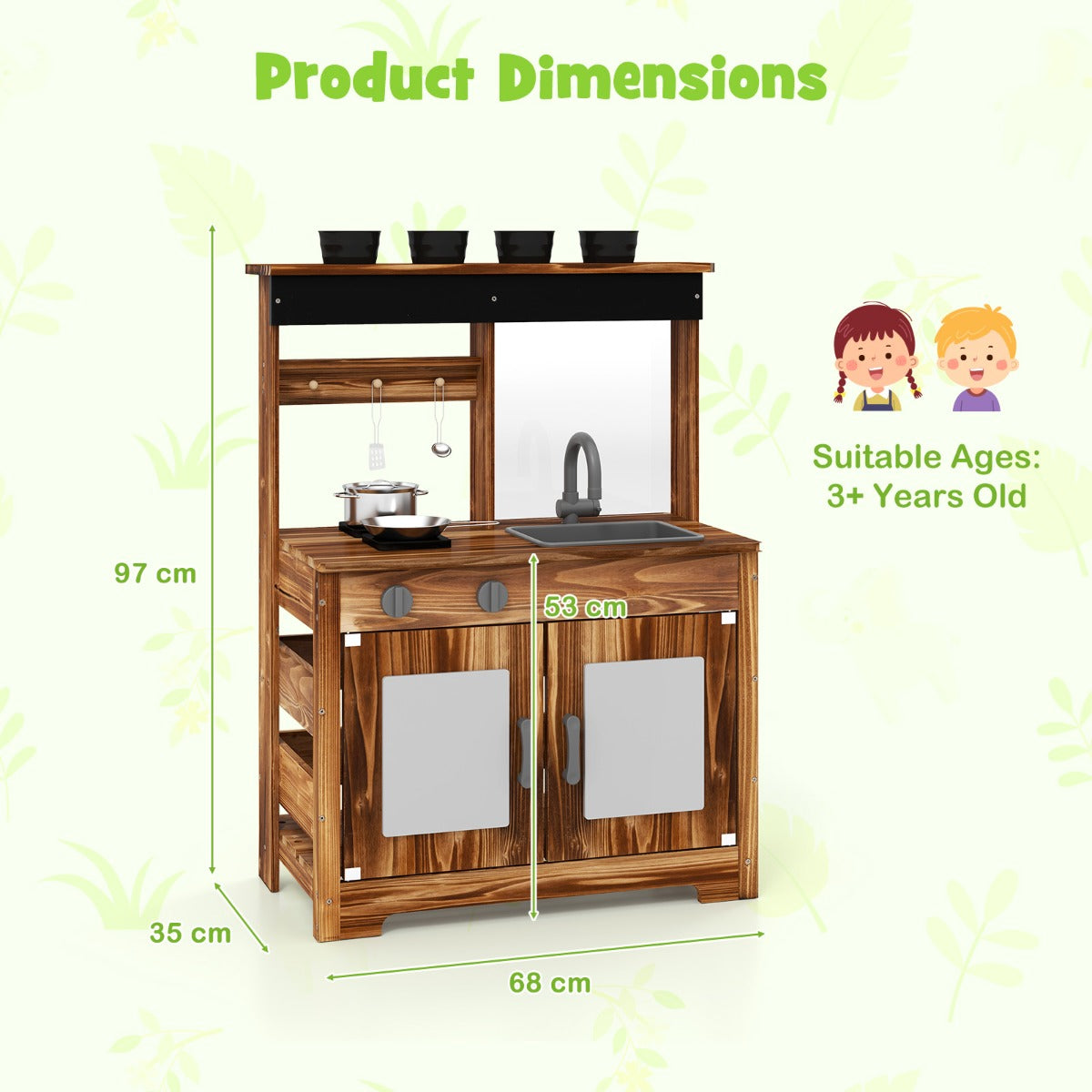 Outdoor Fir Wood Play Kitchen with Cooking Accessories and Removable Sink-Natural